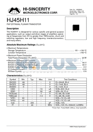 HJ45H11 datasheet - PNP EPITAXIAL PLANAR TRANSISTOR