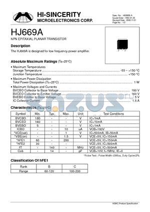 HJ669A datasheet - NPN EPITAXIAL PLANAR TRANSISTOR