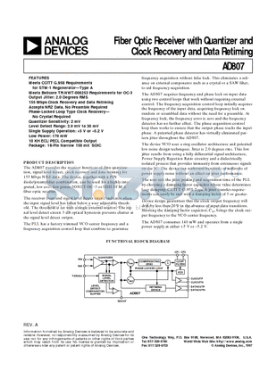 AD807 datasheet - Fiber Optic Receiver with Quantizer and Clock Recovery and Data Retiming