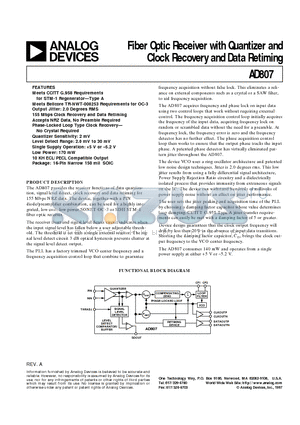 AD807-155BR-REEL datasheet - Fiber Optic Receiver with Quantizer and Clock Recovery and Data Retiming