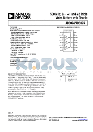 AD8074 datasheet - 500 MHz, G = -1 and 2 Triple Video Buffers with Disable