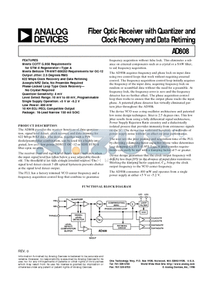 AD808 datasheet - Fiber Optic Receiver with Quantizer and Clock Recovery and Data Retiming