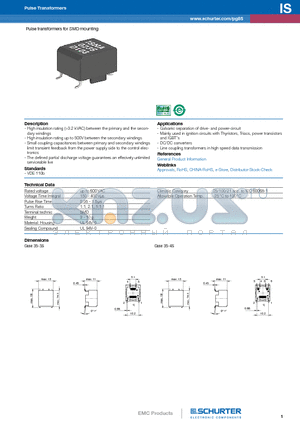 ISNA-0249-D104 datasheet - Pulse transformers for SMD mounting