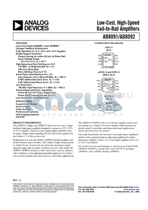 AD8092ARM-REEL7 datasheet - Low-Cost, High-Speed Rail-to-Rail Amplifiers