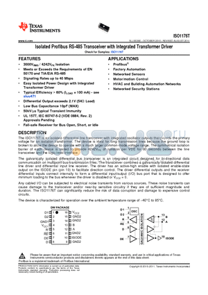 ISO1176TDW datasheet - Isolated Profibus RS-485 Transceiver with Integrated Transformer Driver