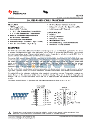 ISO1176DWRG4 datasheet - ISOLATED RS-485 PROFIBUS TRANSCEIVER