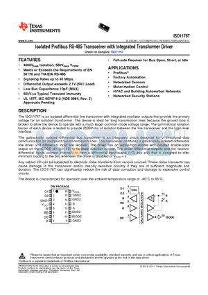 ISO1176T datasheet - Isolated Profibus RS-485 Transceiver with Integrated Transformer Driver