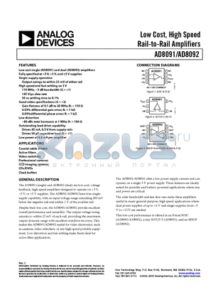 AD8092ARZ-REEL datasheet - Low Cost, High Speed Rail-to-Rail Amplifiers