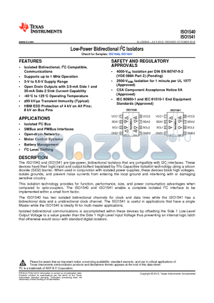 ISO1541 datasheet - Low-Power Bidirectional I2C Isolators