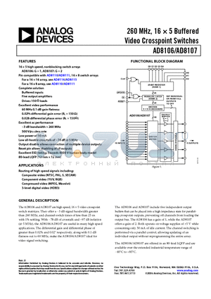 AD8106 datasheet - 260 MHz, 16  5 Buffered Video Crosspoint Switches