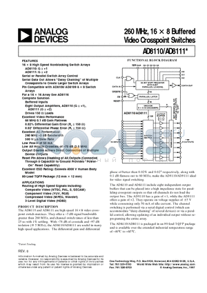 AD8110 datasheet - 260 MHz, 16 x 8 Buffered Video Crosspoint Switches