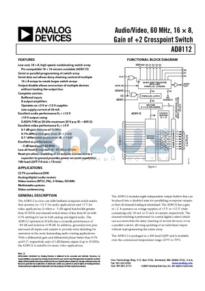 AD8112JSTZ1 datasheet - Audio/Video, 60 MHz, 16  8, Gain of 2 Crosspoint Switch