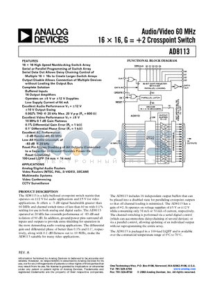 AD8113 datasheet - Audio/Video 60 MHz 16 X 16, G =  2 Crosspoint Switch