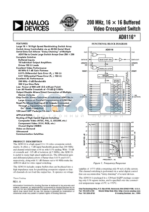 AD8116JST datasheet - 200 MHz, 16 x 16 Buffered Video Crosspoint Switch