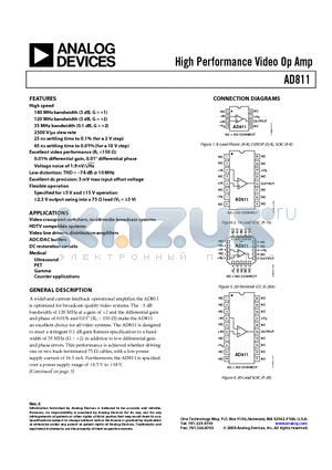 AD811JR-REEL7 datasheet - High Performance Video Op Amp