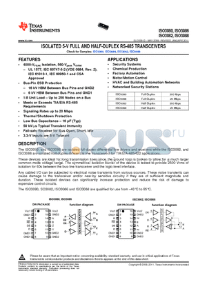 ISO3086DWR datasheet - ISOLATED 5-V FULL AND HALF-DUPLEX RS-485 TRANSCEIVERS