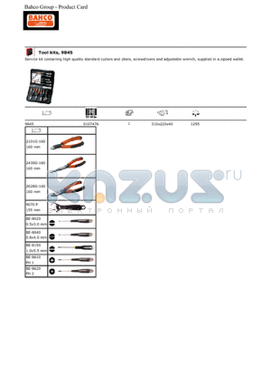 9070P datasheet - Service kit containing high quality standard cutters and pliers, screwdrivers and adjustable wrench