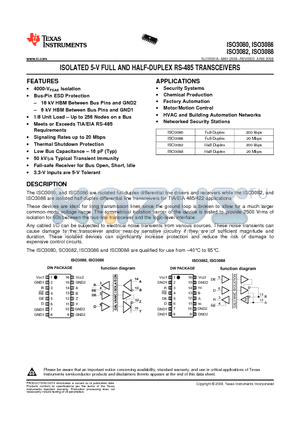 ISO3088DW datasheet - ISOLATED 5-V FULL AND HALF-DUPLEX RS-485 TRANSCEIVERS