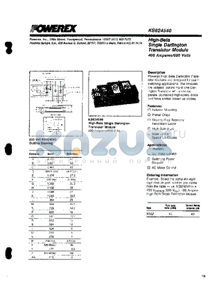 KS624540 datasheet - High-Beta Single Darlington Transistor Module (400 Amperes/600 Volts)