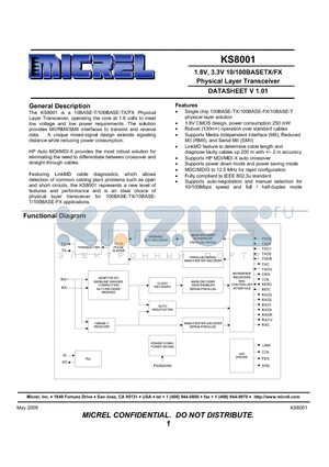 KS8001 datasheet - 1.8V, 3.3V 10/100BASETX/FX Physical Layer Transceiver