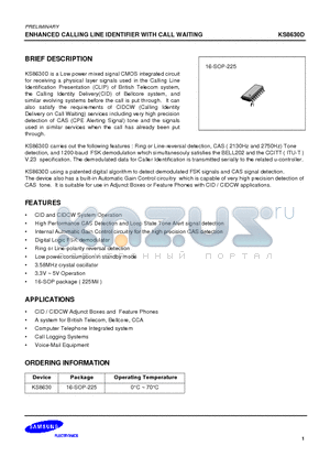 KS8630 datasheet - ENHANCED CALLING LINE IDENTIFIER WITH CALL WAITING