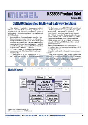 KS8695 datasheet - CENTAUR Integrated Multi-Port Gateway Solutions