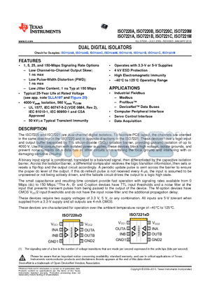 ISO7220B datasheet - DUAL DIGITAL ISOLATORS