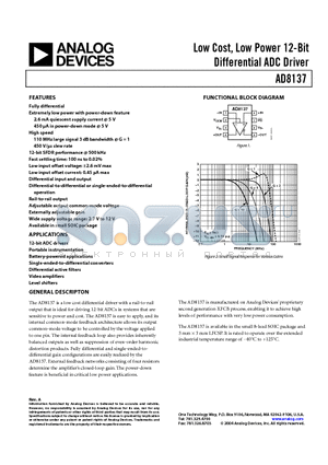 AD8137YRZ-REEL datasheet - Low Cost, Low Power 12-Bit Differential ADC Driver