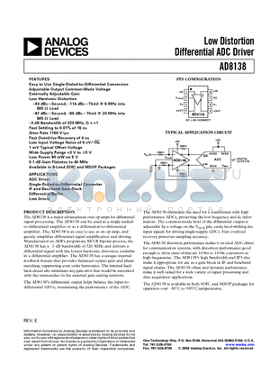 AD8138 datasheet - Low Distortion Differential ADC Driver