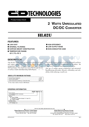 HL02U05D05 datasheet - 2 WATT UNREGULATED DC/DC CONVERTER