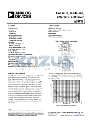 AD8139ARDZ datasheet - Low Noise, Rail-to-Rail, Differential ADC Driver