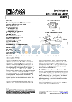AD8138ARMZ-REEL7 datasheet - Low Distortion Differential ADC Driver
