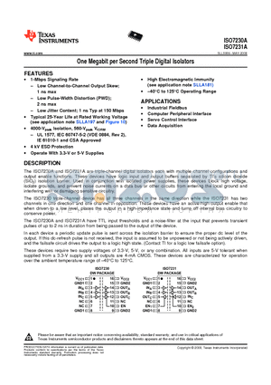 ISO7230ADWR datasheet - One Megabit per Second Triple Digital Isolators