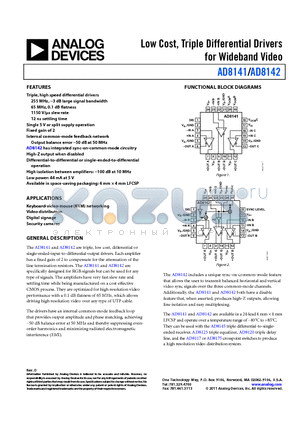 AD8141ACPZ-R7 datasheet - Low Cost, Triple Differential Drivers