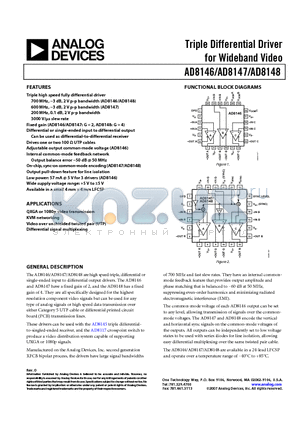 AD8146ACPZ-RL datasheet - Triple Differential Driver for Wideband Video