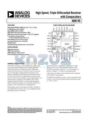 AD8145YCPZ-R7 datasheet - High Speed, Triple Differential Receiver with Comparators