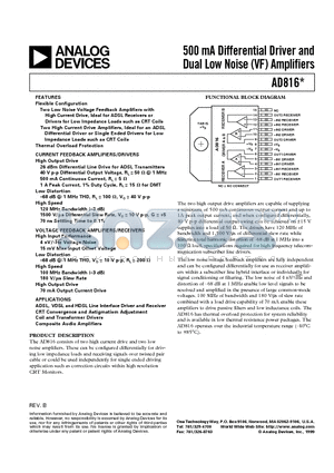 AD816 datasheet - 500 mA Differential Driver and Dual Low Noise VF Amplifiers