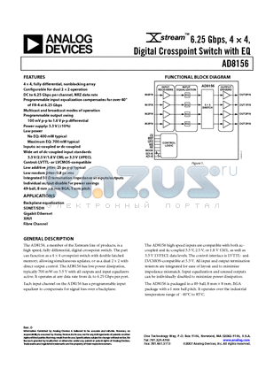 AD8156 datasheet - 6.25 Gbps 44 Digital Crosspoint Switch with EQ