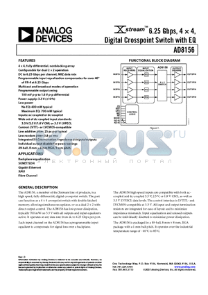 AD8156ABCZ datasheet - 6.25 Gbps 44 Digital Crosspoint Switch with EQ