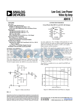 AD818 datasheet - Low Cost, Low Power Video Op Amp