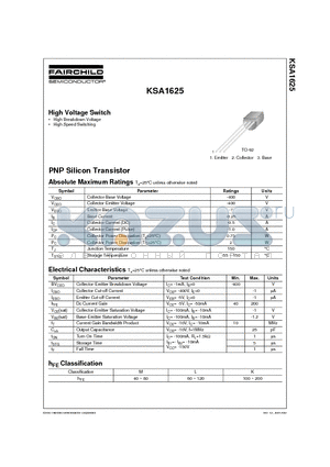 KSA1625 datasheet - High Voltage Switch