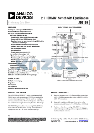 AD8196-EVAL datasheet - 2:1 HDMI/DVI Switch with Equalization