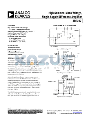 AD8202YR datasheet - High Common-Mode Voltage, Single-Supply Difference Amplifier