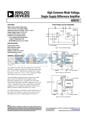 AD8203YRMZ-RL datasheet - High Common-Mode Voltage, Single-Supply Difference Amplifier