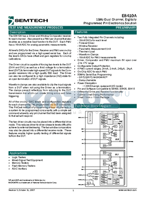 E8410A datasheet - 1GHz Dual Channel, Digitally Programmed Pin Electronics Solution
