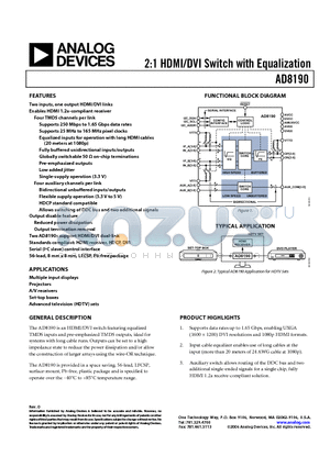 AD8190-EVAL datasheet - 2:1 HDMI/DVI Switch with Equalization