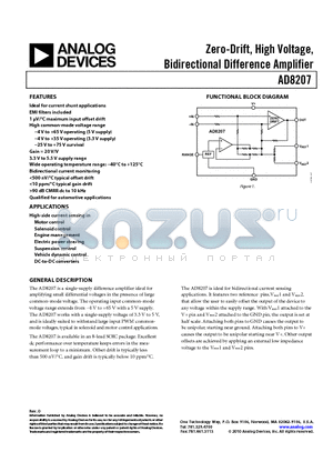 AD8207 datasheet - Zero-Drift, High Voltage, Bidirectional Difference Amplifier