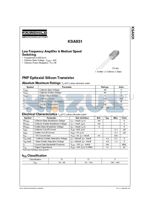 KSA931 datasheet - Low Frequency Amplifier & Medium Speed Switching
