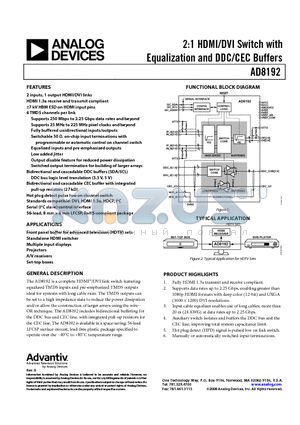 AD8192ACPZ-RL7 datasheet - 2:1 HDMI/DVI Switch with Equalization and DDC/CEC Buffers