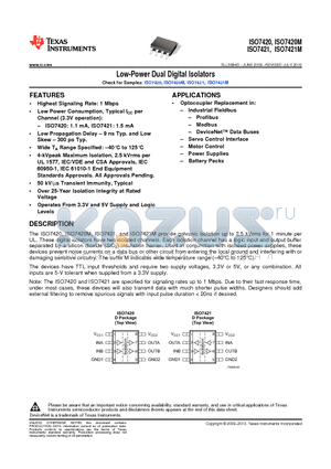 ISO7421DR datasheet - Low-Power Dual Digital Isolators